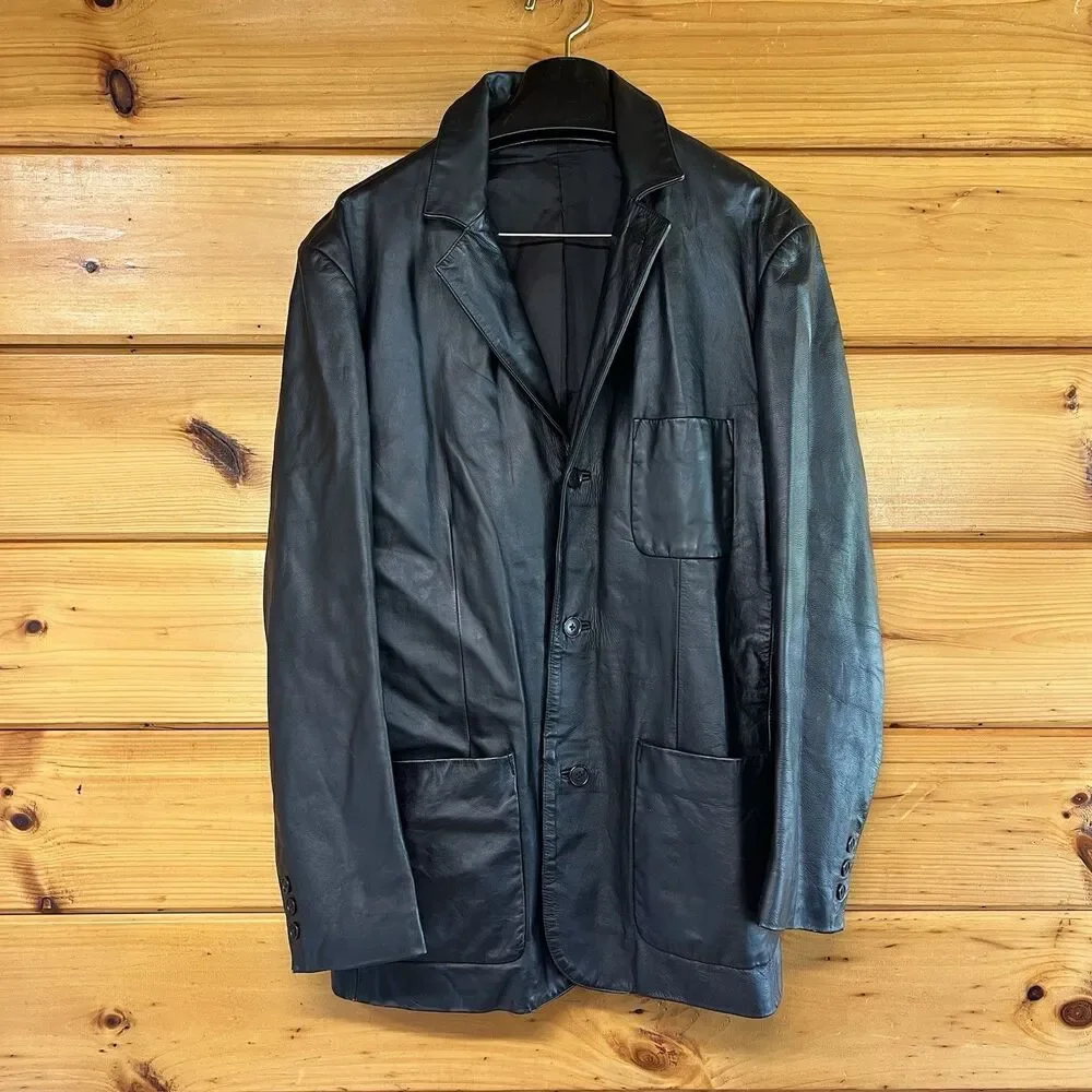 Vintage 90s 00s Gap Leather Jacket Black Trench Size M Mens Lined Winter Long
